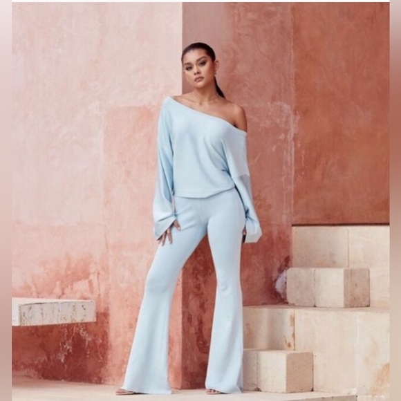 House of CB Pants - House of CB Blue Ribbed Flare Trousers